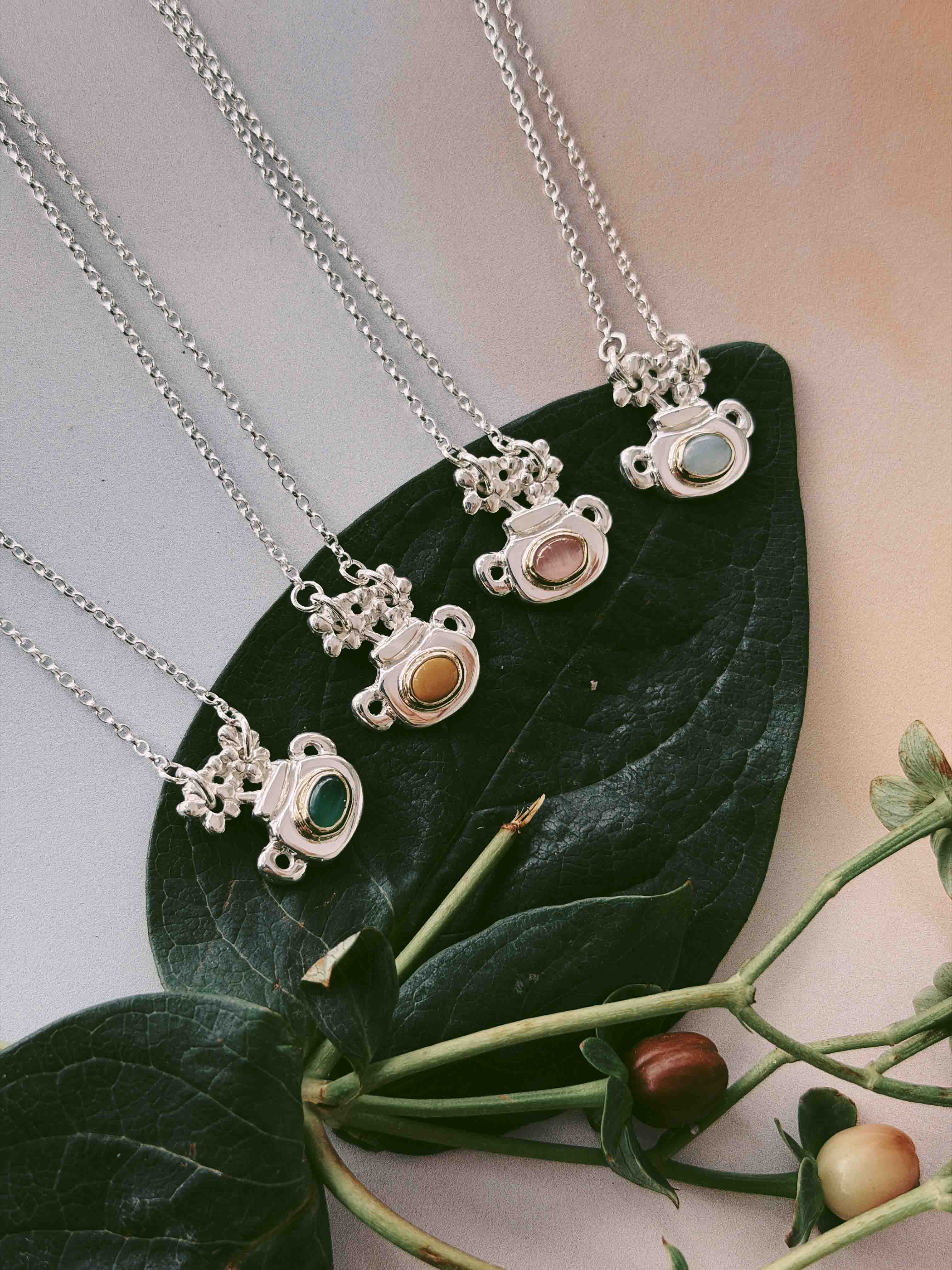 plant pot necklace The Flower Pot Necklace with Green Onyx in Sterling Silver – Chunky Jewellery – Rat Betty