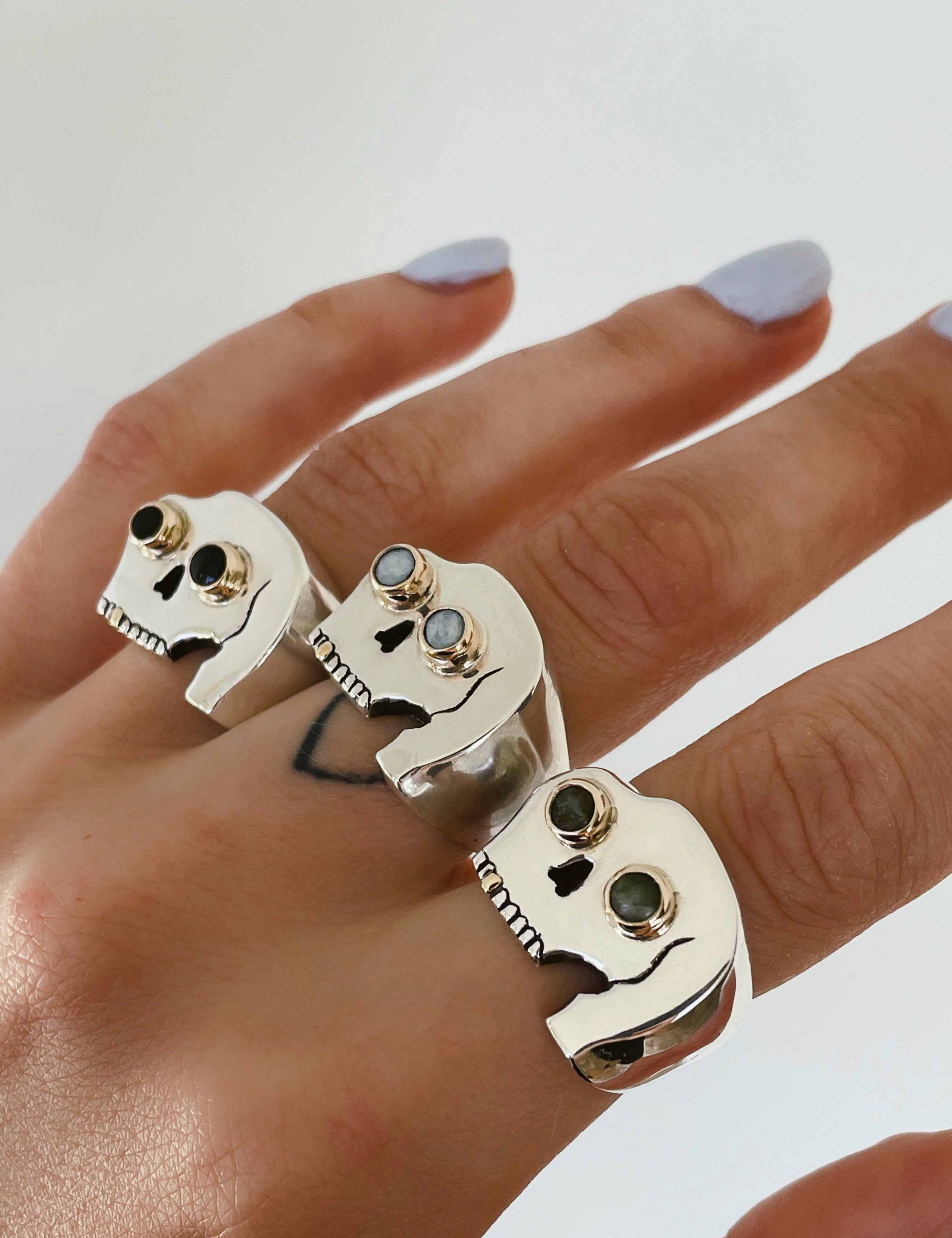 Light Nephrite Jade Ogling Skull Ring